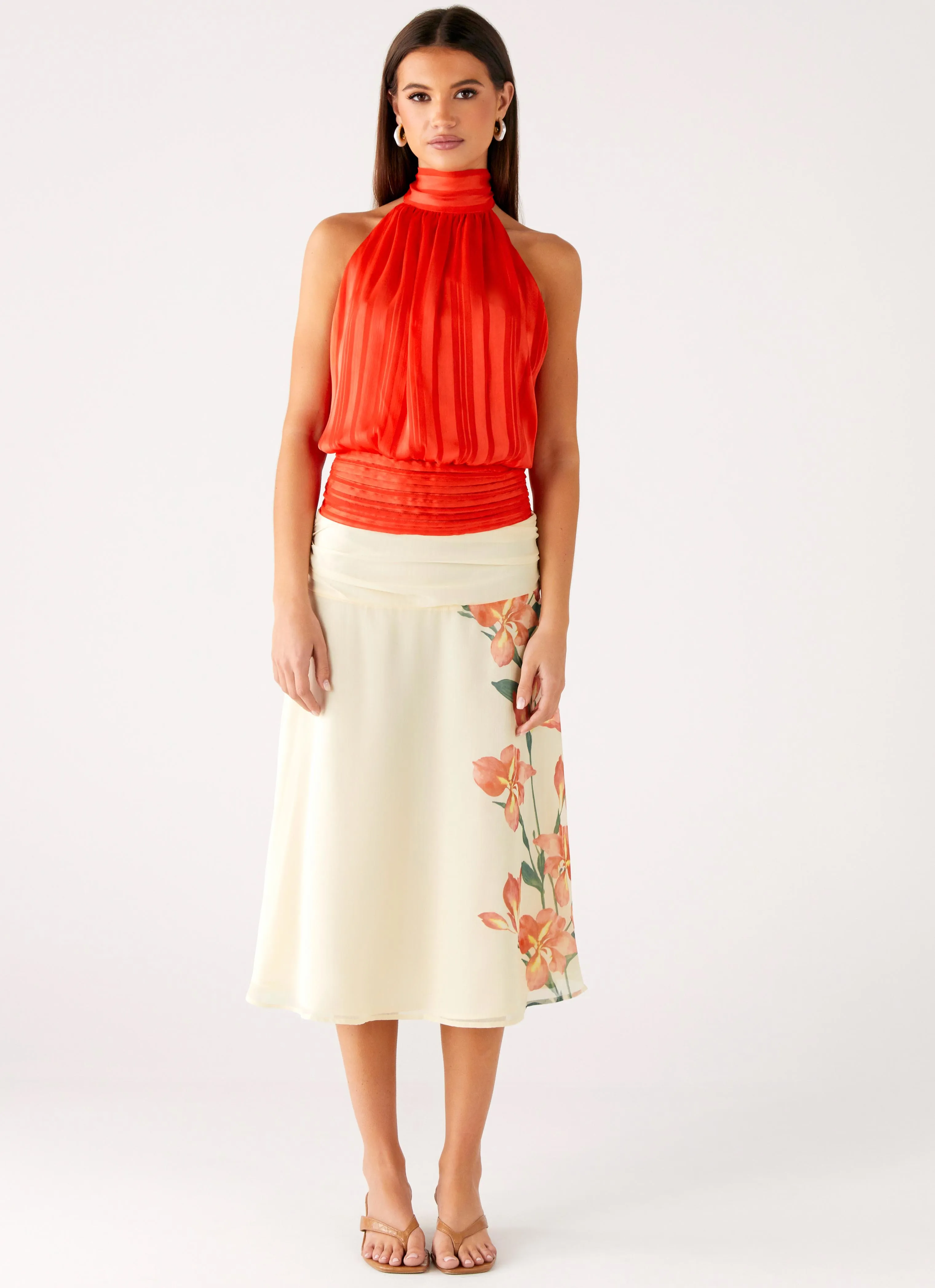 Hidden Pocket Design Willow Chiffon Top - Coral