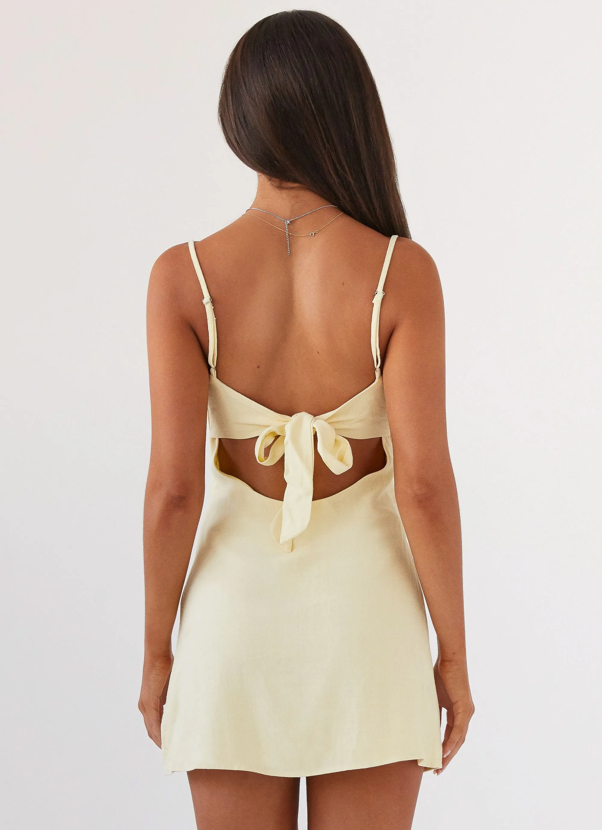 Vacation Vibe Balanced Texture Flora Linen Mini Dress - Lemon