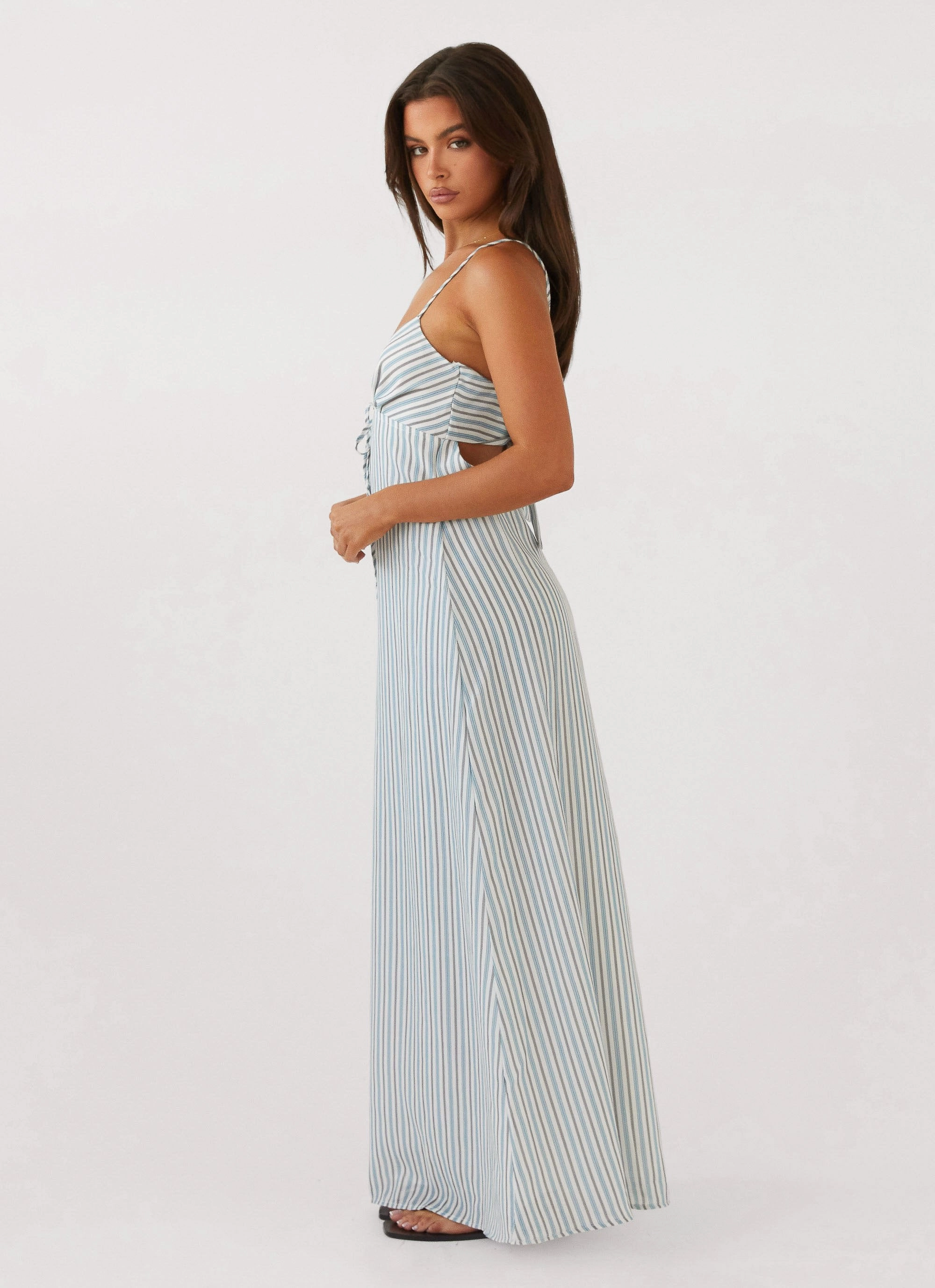 Flora Linen Maxi Dress - Blue Choc Stripe MoistureWickingTechnology Velvet-Edge