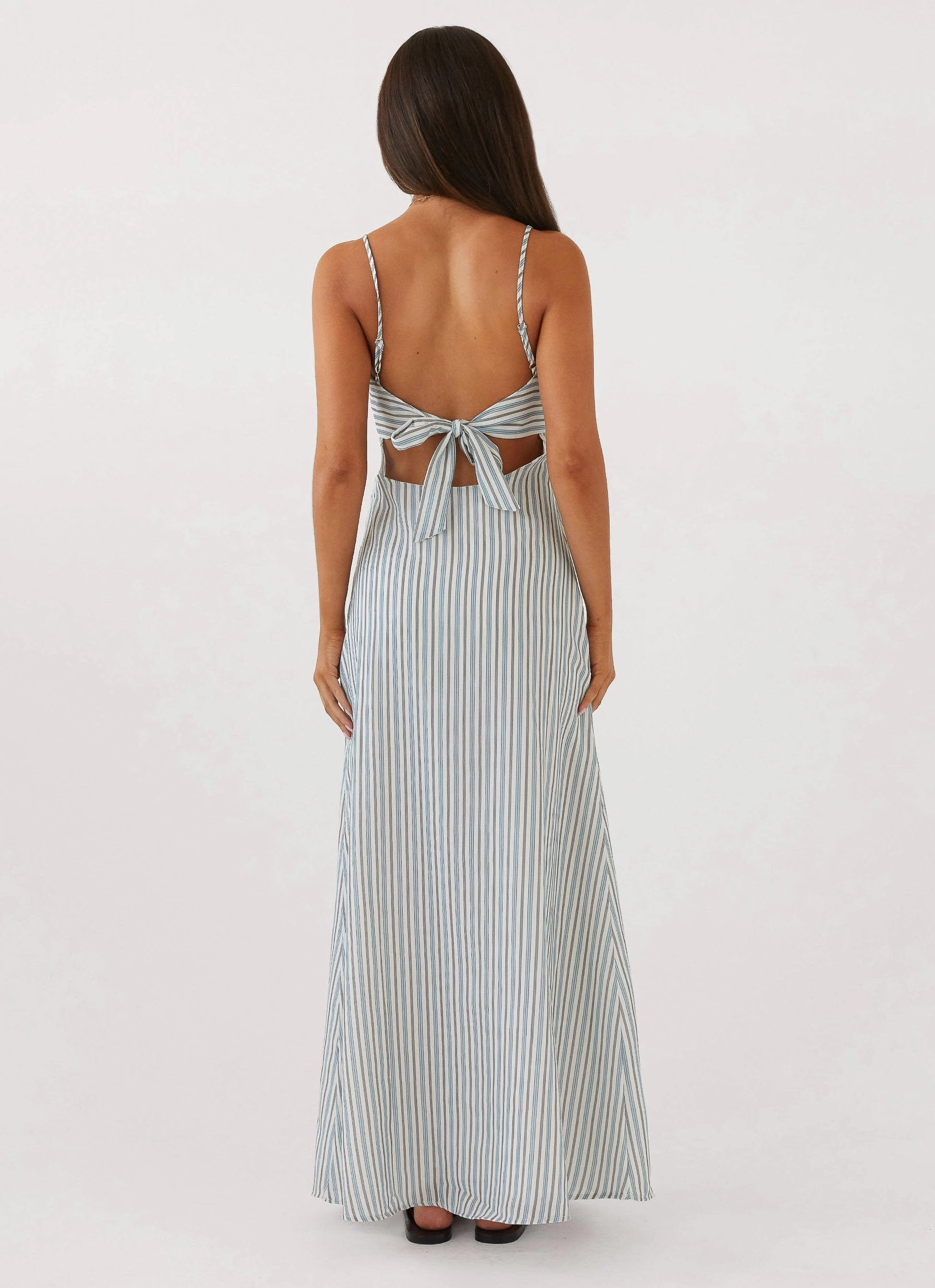 Flora Linen Maxi Dress - Blue Choc Stripe Neat Finish