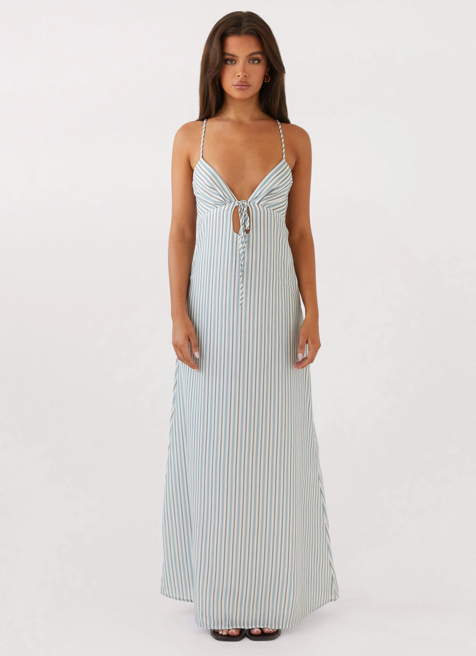 Flora Linen Maxi Dress - Blue Choc Stripe Light Appeal Cozy Comfort