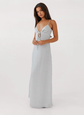 Low-Waist Flora Linen Maxi Dress - Blue Choc Stripe