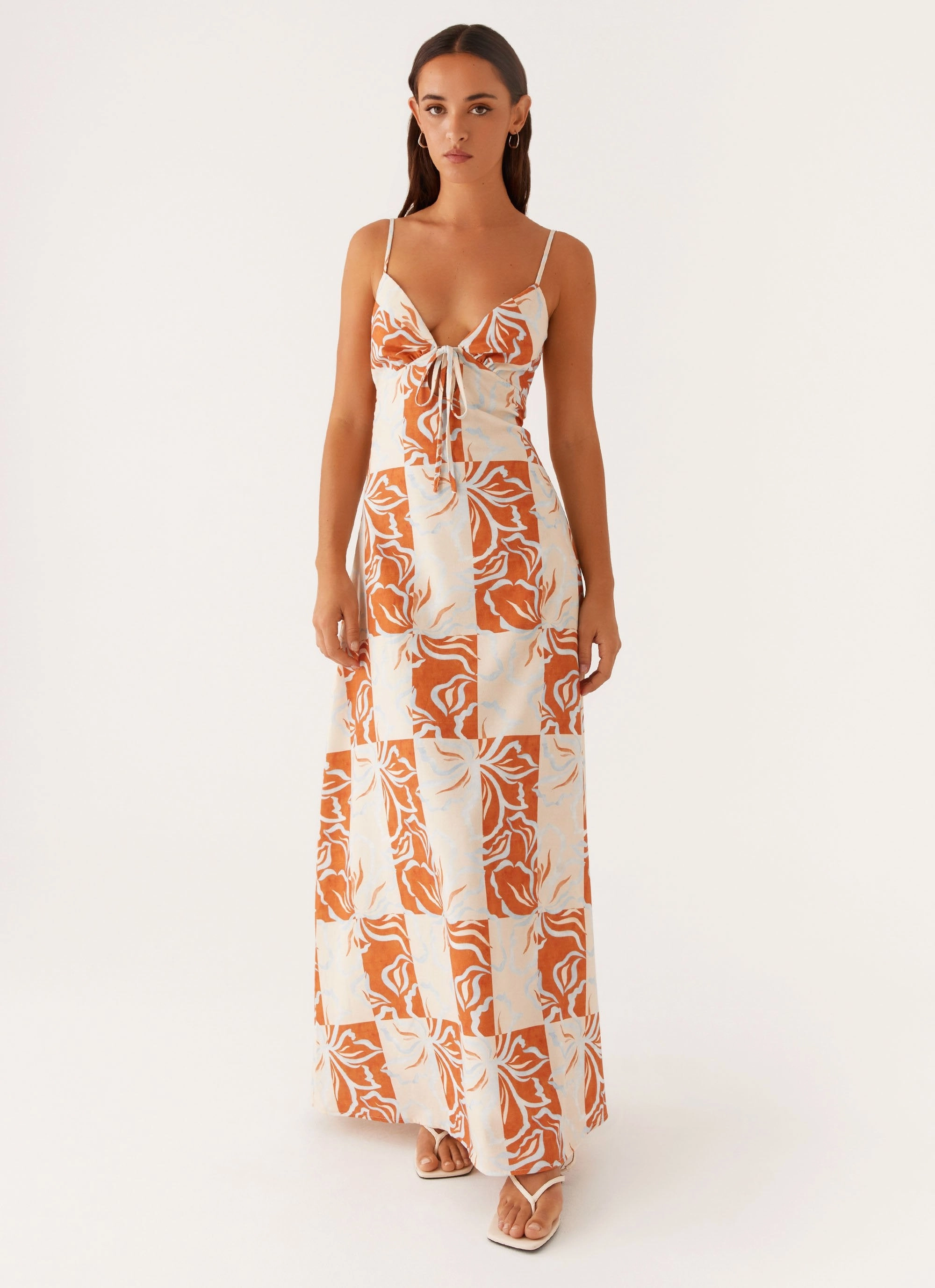 Flora Linen Maxi Dress - Orange Blue Floral Sharp Motion Trendy summer outfit