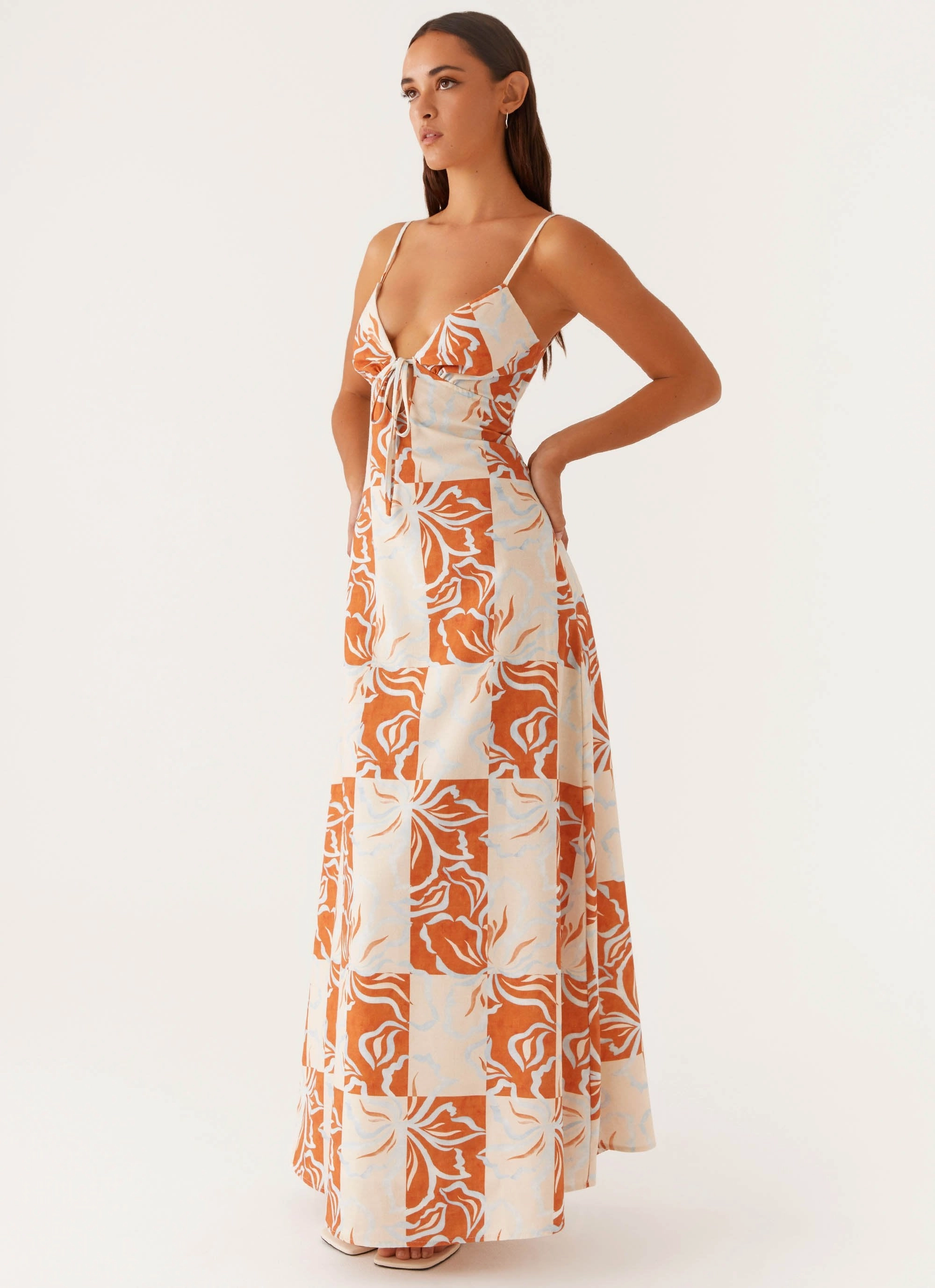 Soft Draping Body Fit Flora Linen Maxi Dress - Orange Blue Floral