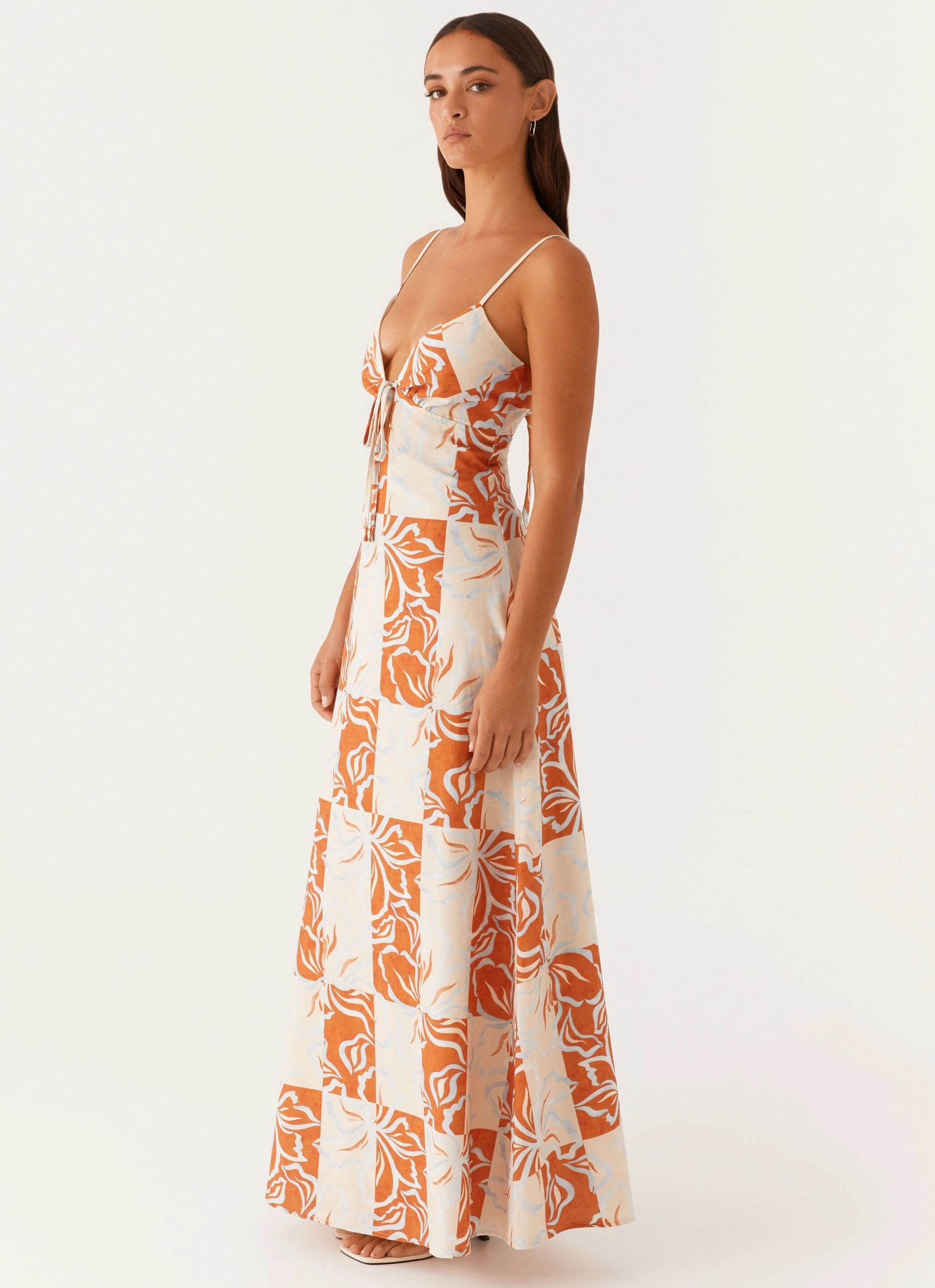 Flora Linen Maxi Dress - Orange Blue Floral Mesh-Sleeve