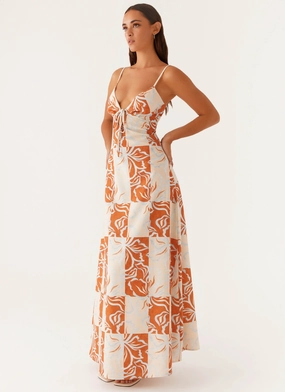 Soft Draping Body Fit Flora Linen Maxi Dress - Orange Blue Floral