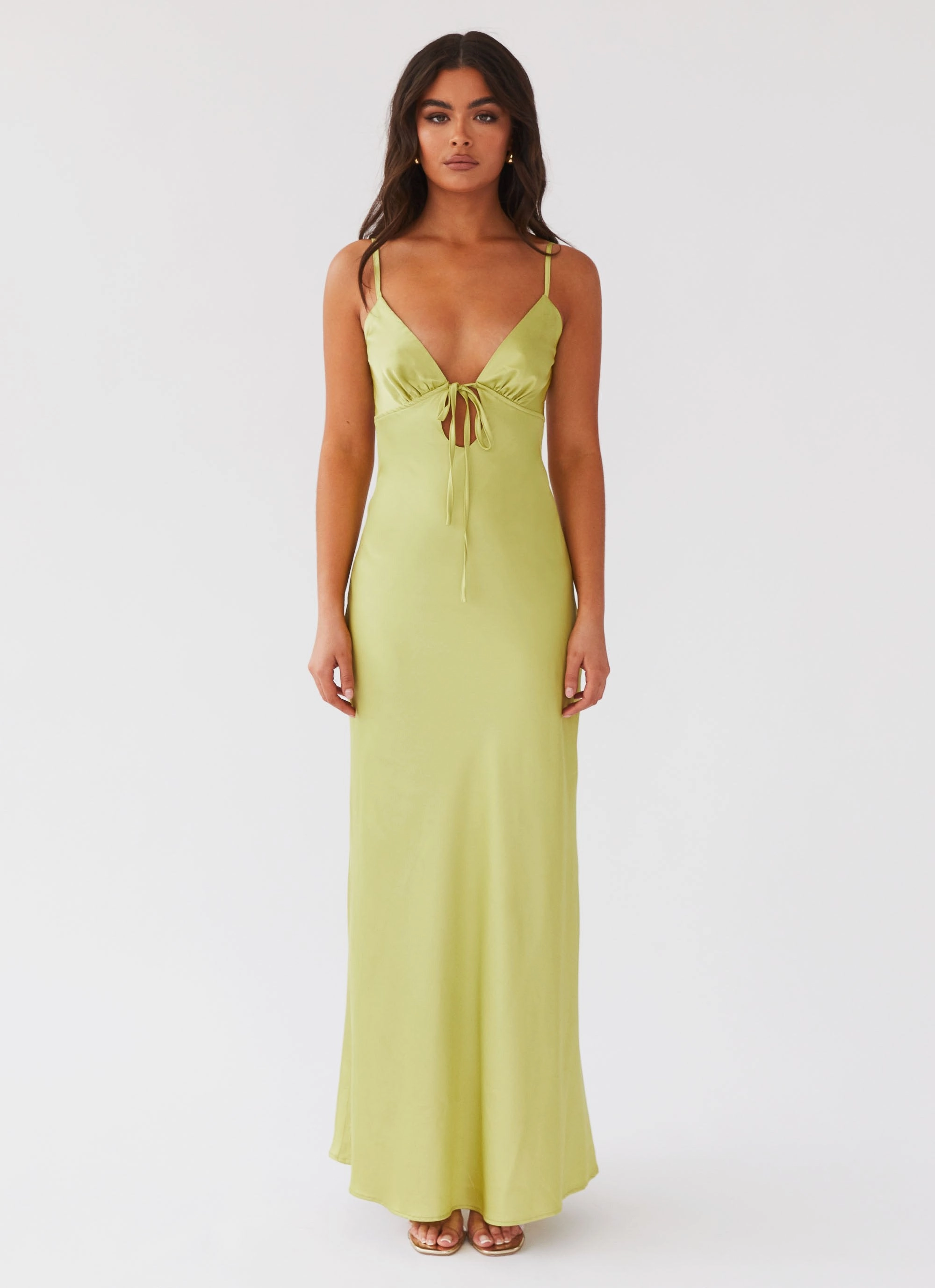 Flora Satin Maxi Dress - Green Expectations Texture Play Stretch-Recovery