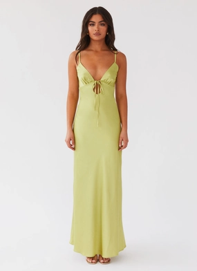Flora Satin Maxi Dress - Green Expectations Texture Play Stretch-Recovery
