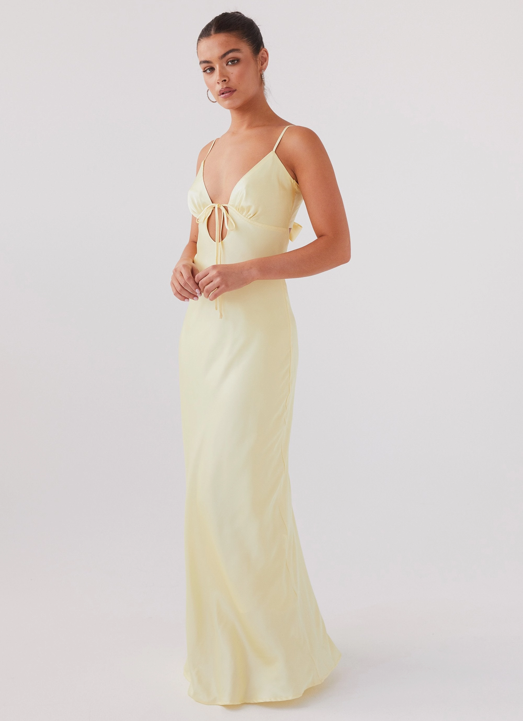 Flora Satin Maxi Dress - Lemon Drapey Fabric