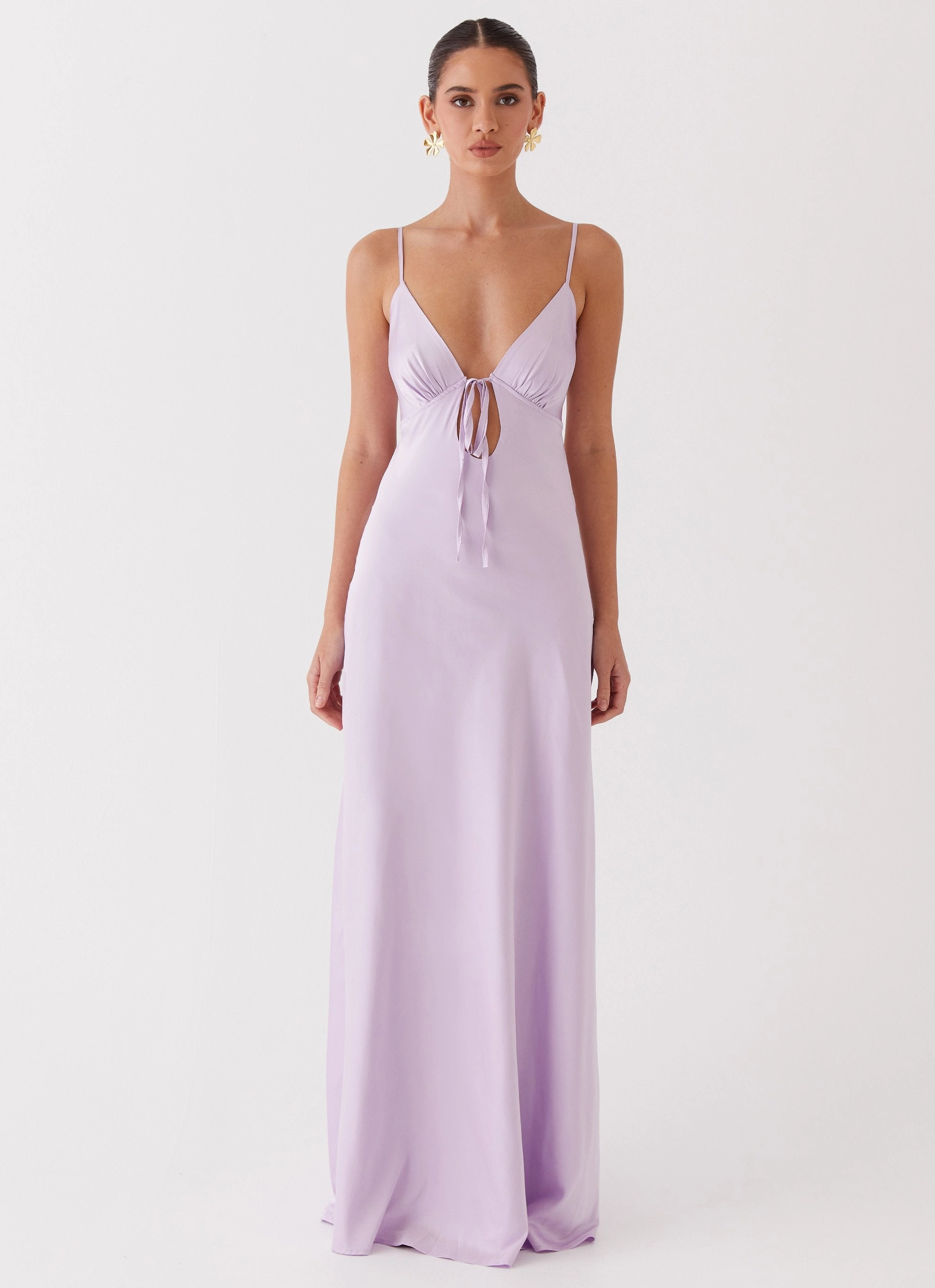 Comfortable and Fashionable Flora Satin Maxi Dress - Lilac