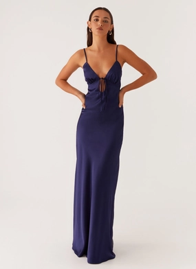 Snag-Resistant Flora Satin Maxi Dress - Navy