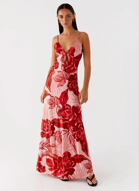 Flora Satin Maxi Dress - Sicily Sunsets Print Fresh Flow