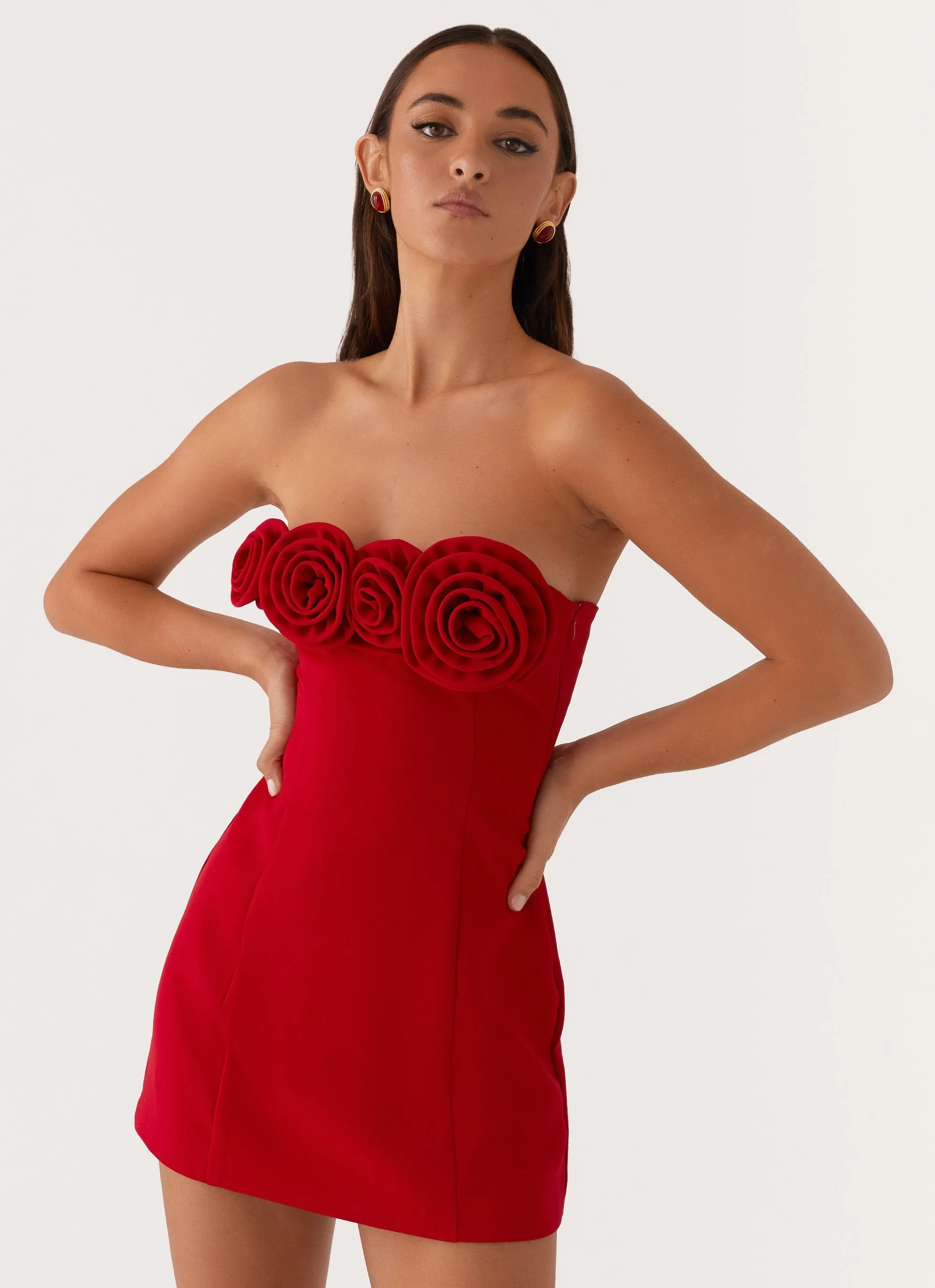 Patsie Strapless Mini Dress - Red Airy Layer Spring Garden