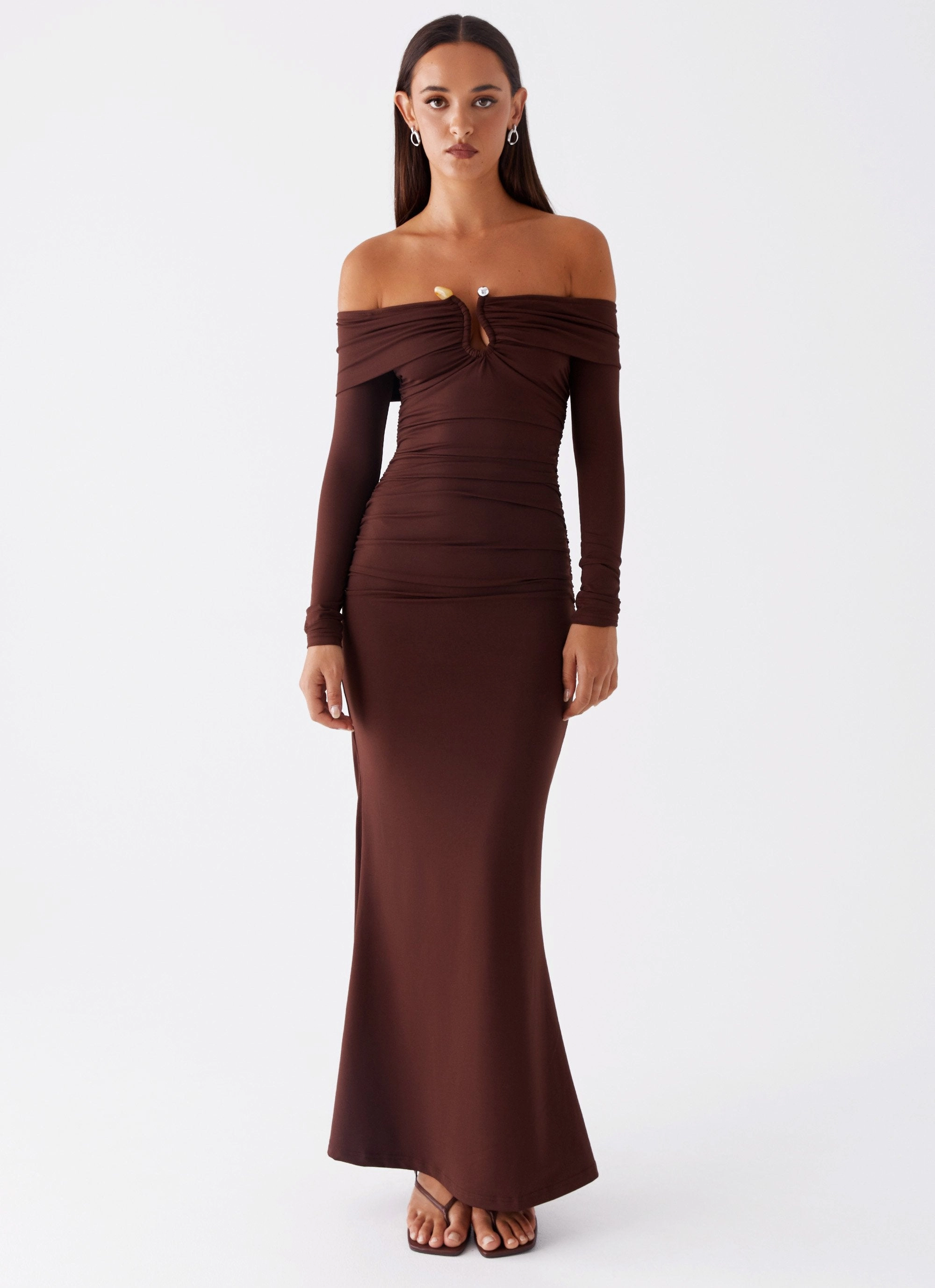 Light Coral Sleek Movement Rudy Long Sleeve Maxi Dress - Chocolate