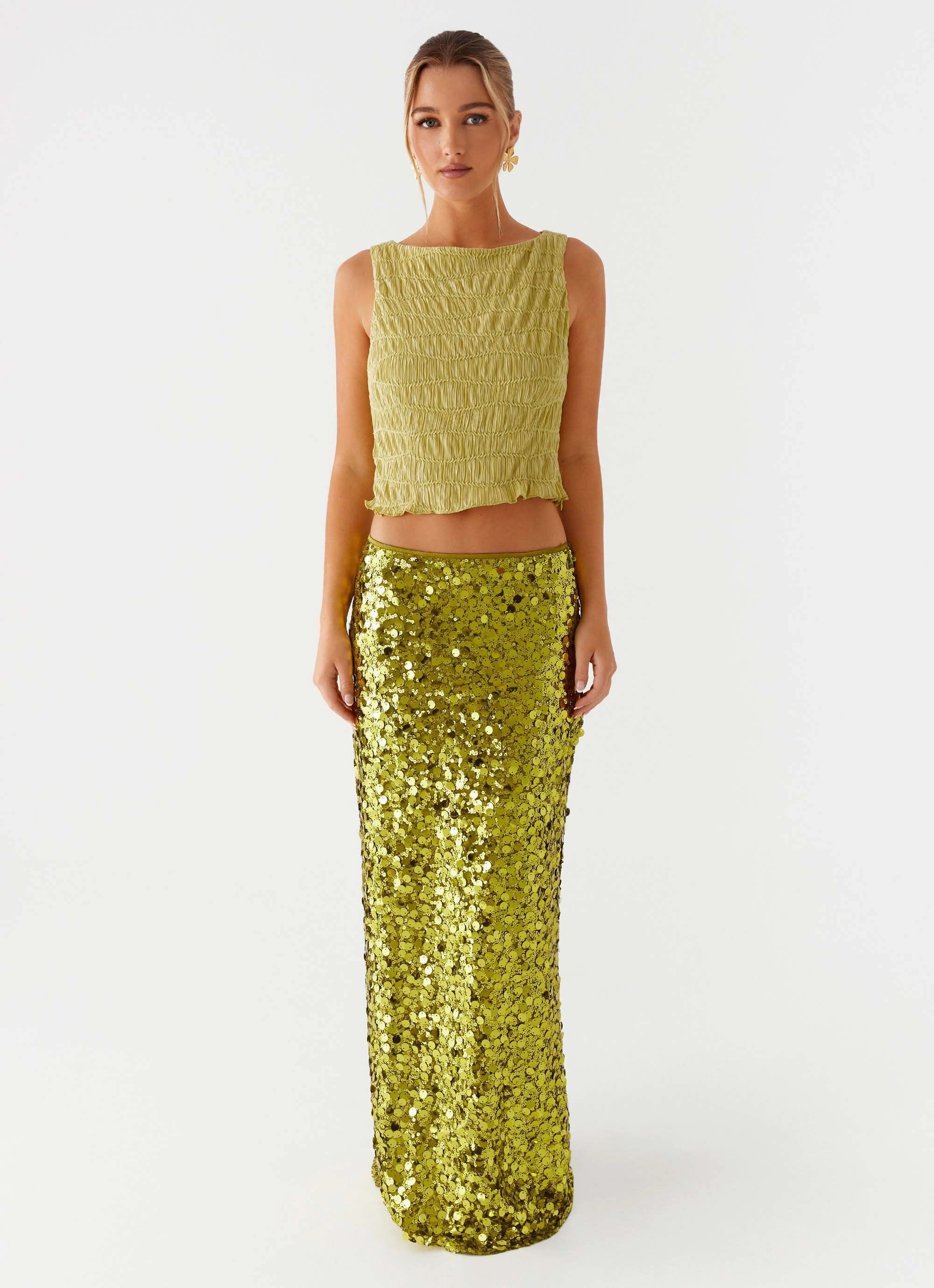 Secure Closure Chic Tones Perfect Places Low Rise Sequin Maxi Skirt - Olive