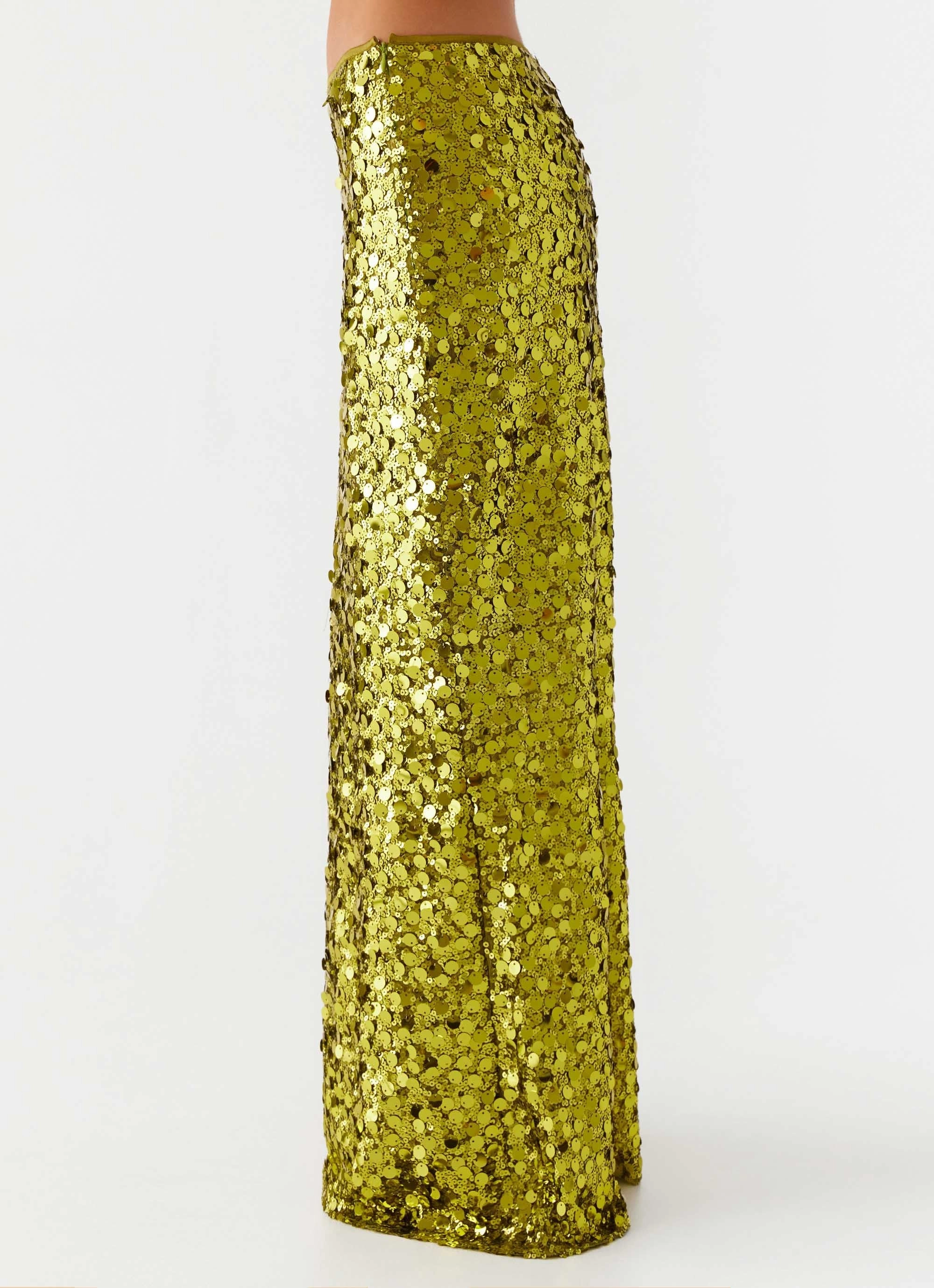 Clean Mood Perfect Places Low Rise Sequin Maxi Skirt - Olive