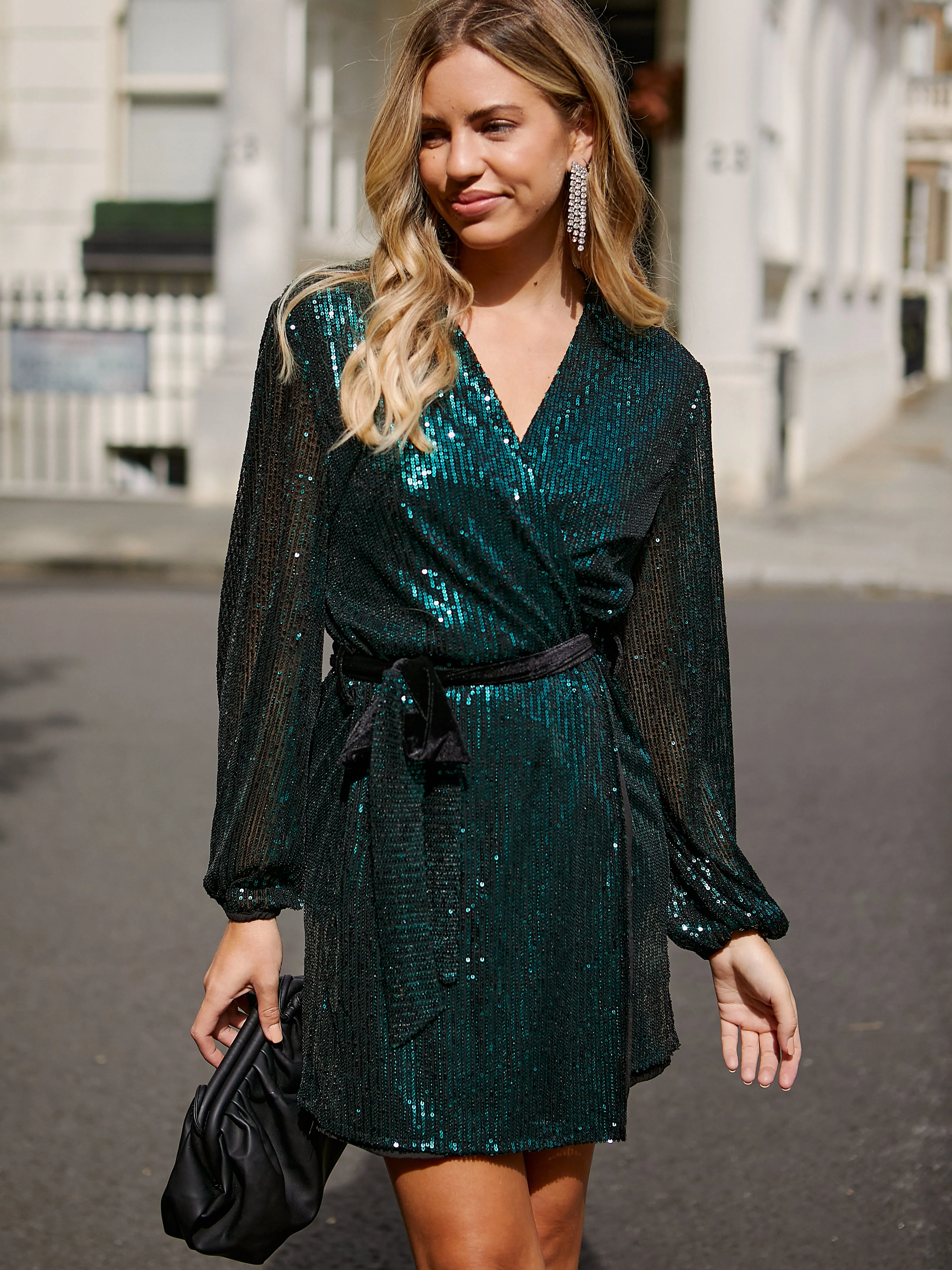 Natural Light Fresh Flow Dani Sequin Wrap Dress / Emerald Green