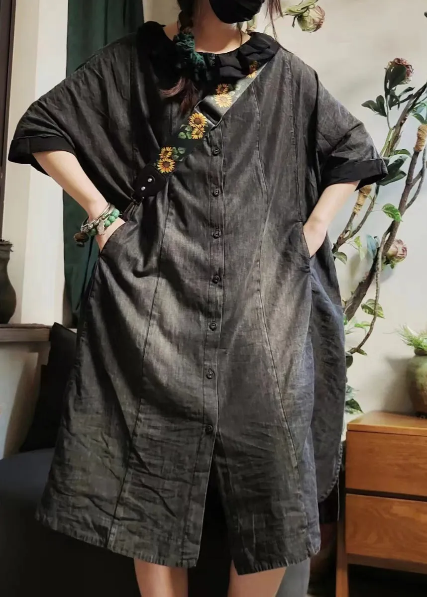 FLYTONN- Vintage Blue Button Pockets Denim Shirts Dress Half Sleeve MN079