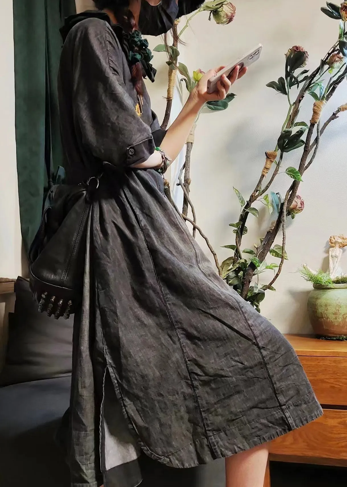 FLYTONN- Vintage Blue Button Pockets Denim Shirts Dress Half Sleeve MN079