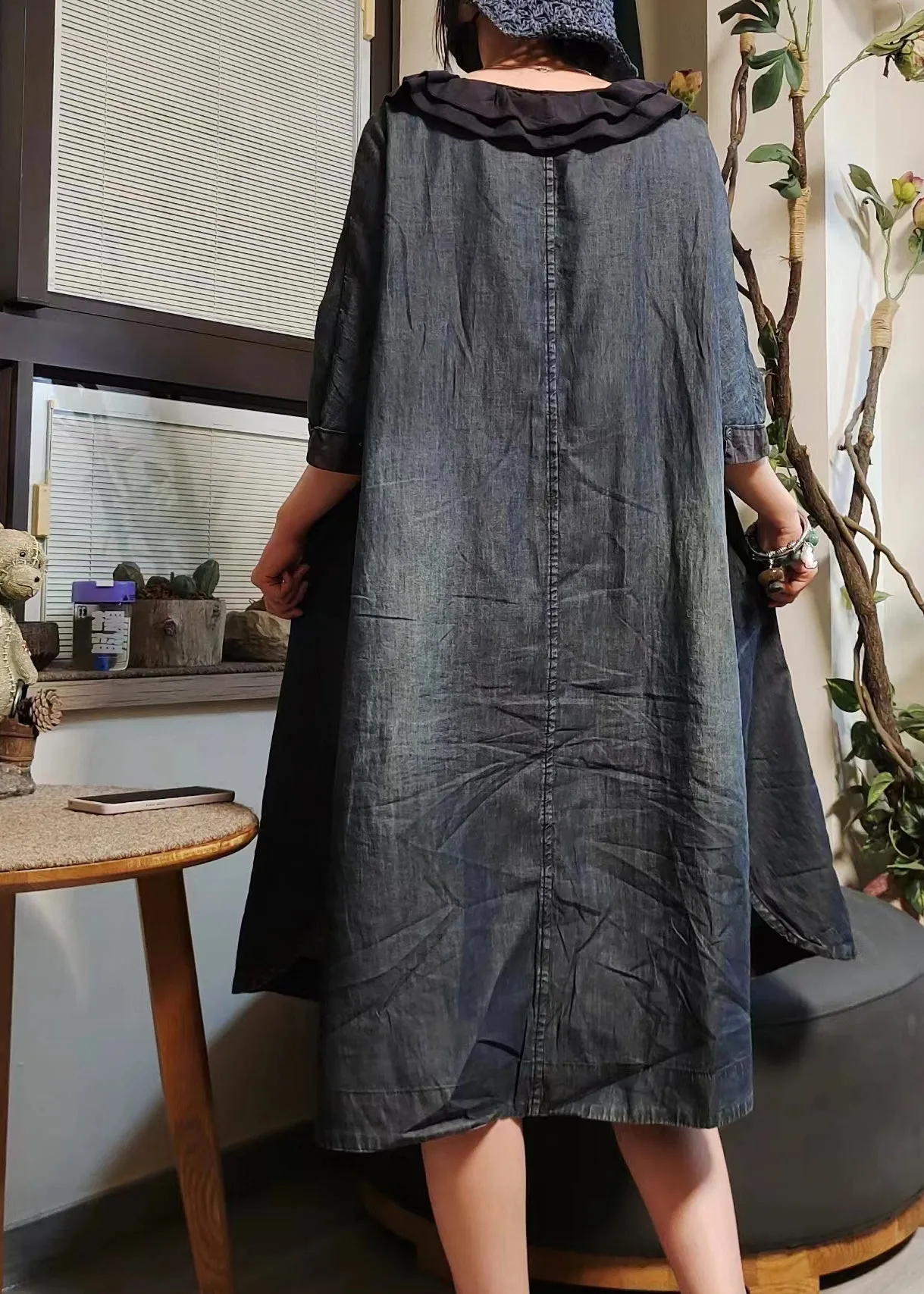 FLYTONN- Vintage Blue Button Pockets Denim Shirts Dress Half Sleeve MN079