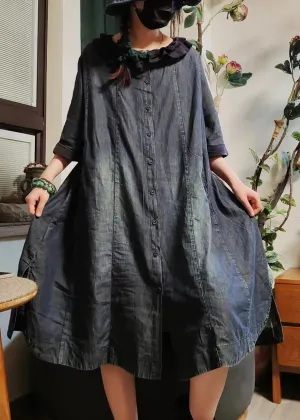 FLYTONN- Vintage Blue Button Pockets Denim Shirts Dress Half Sleeve MN079