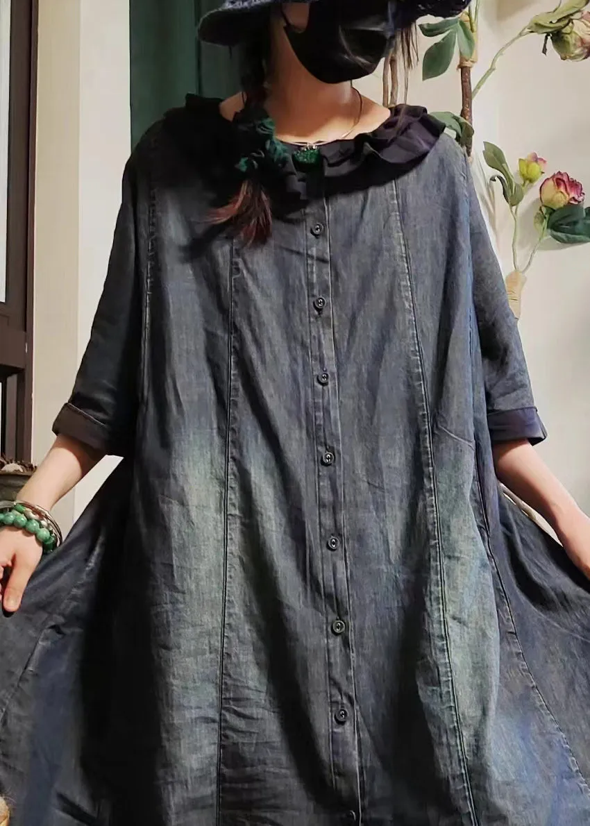 FLYTONN- Vintage Blue Button Pockets Denim Shirts Dress Half Sleeve MN079