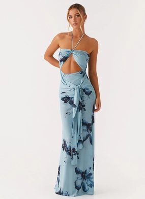Deep Hue Subtle Drape Antonia Maxi Dress - Black Blue Floral