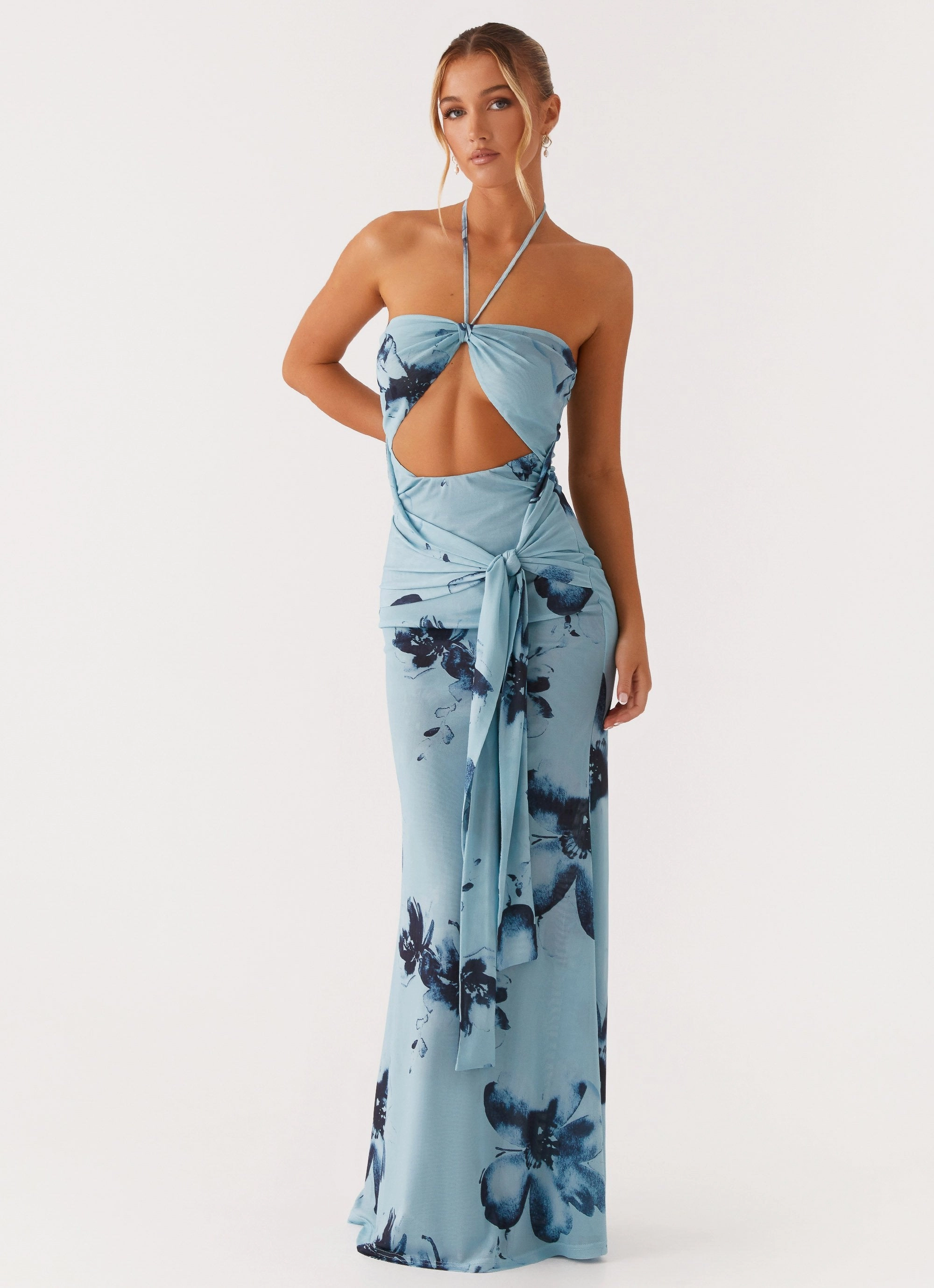 Deep Hue Subtle Drape Antonia Maxi Dress - Black Blue Floral