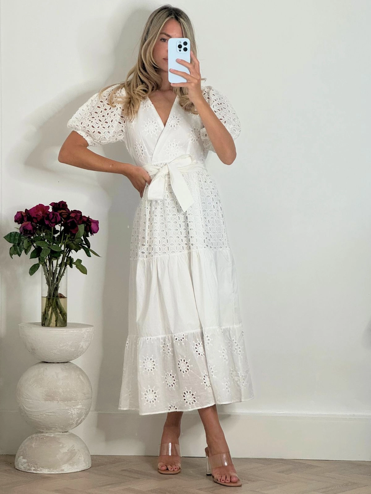 Tailored Comfort Autumn-Season Claudia Puff Sleeve Broderie Midaxi Dress in White