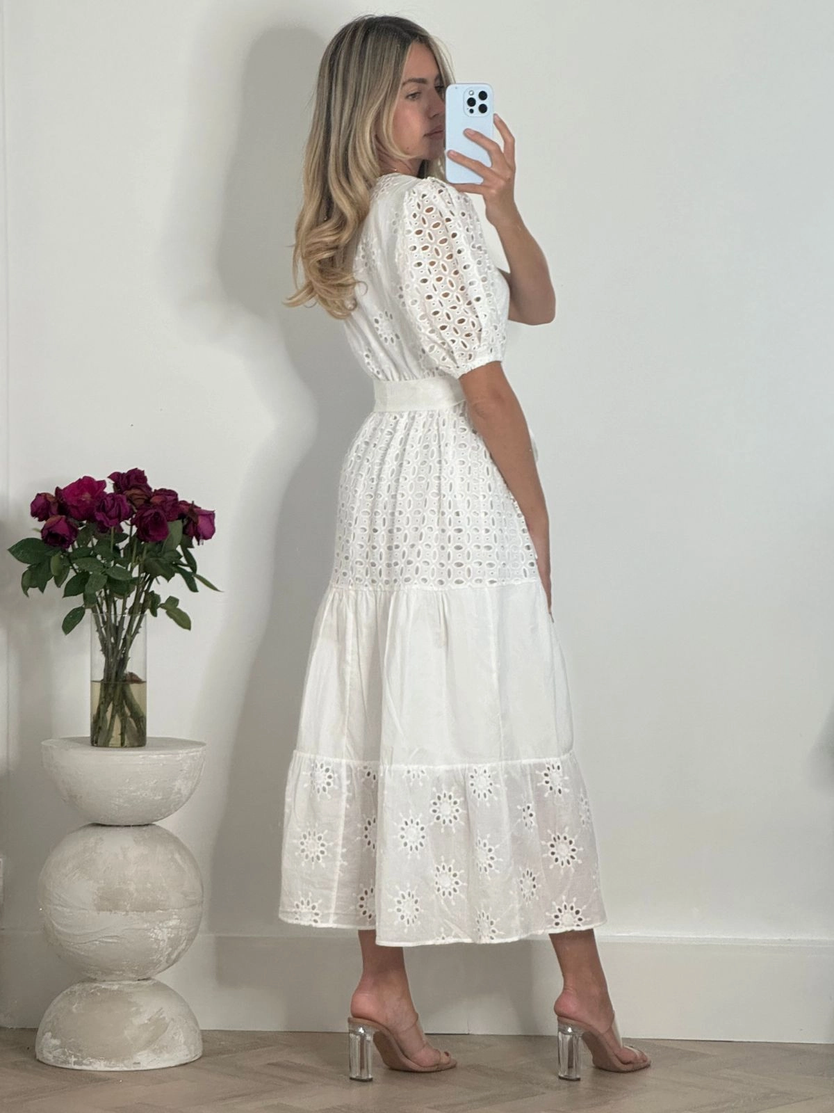 everyday elegance Unique Cut Claudia Puff Sleeve Broderie Midaxi Dress in White