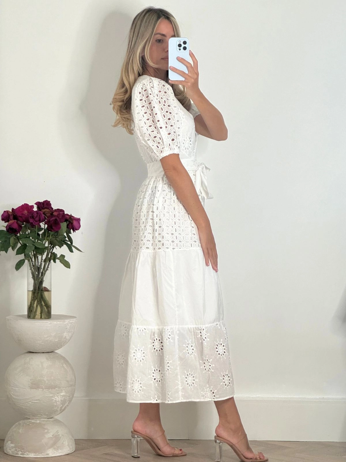 Claudia Puff Sleeve Broderie Midaxi Dress in White Ethically-Made Casual Layers