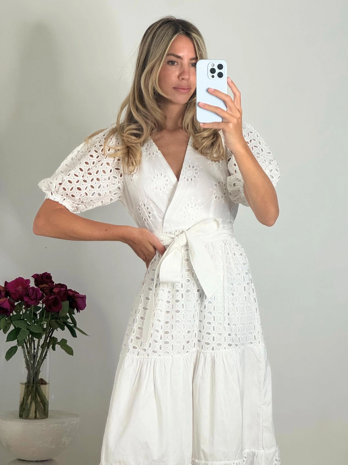 Claudia Puff Sleeve Broderie Midaxi Dress in White Subtle Look Office Classic