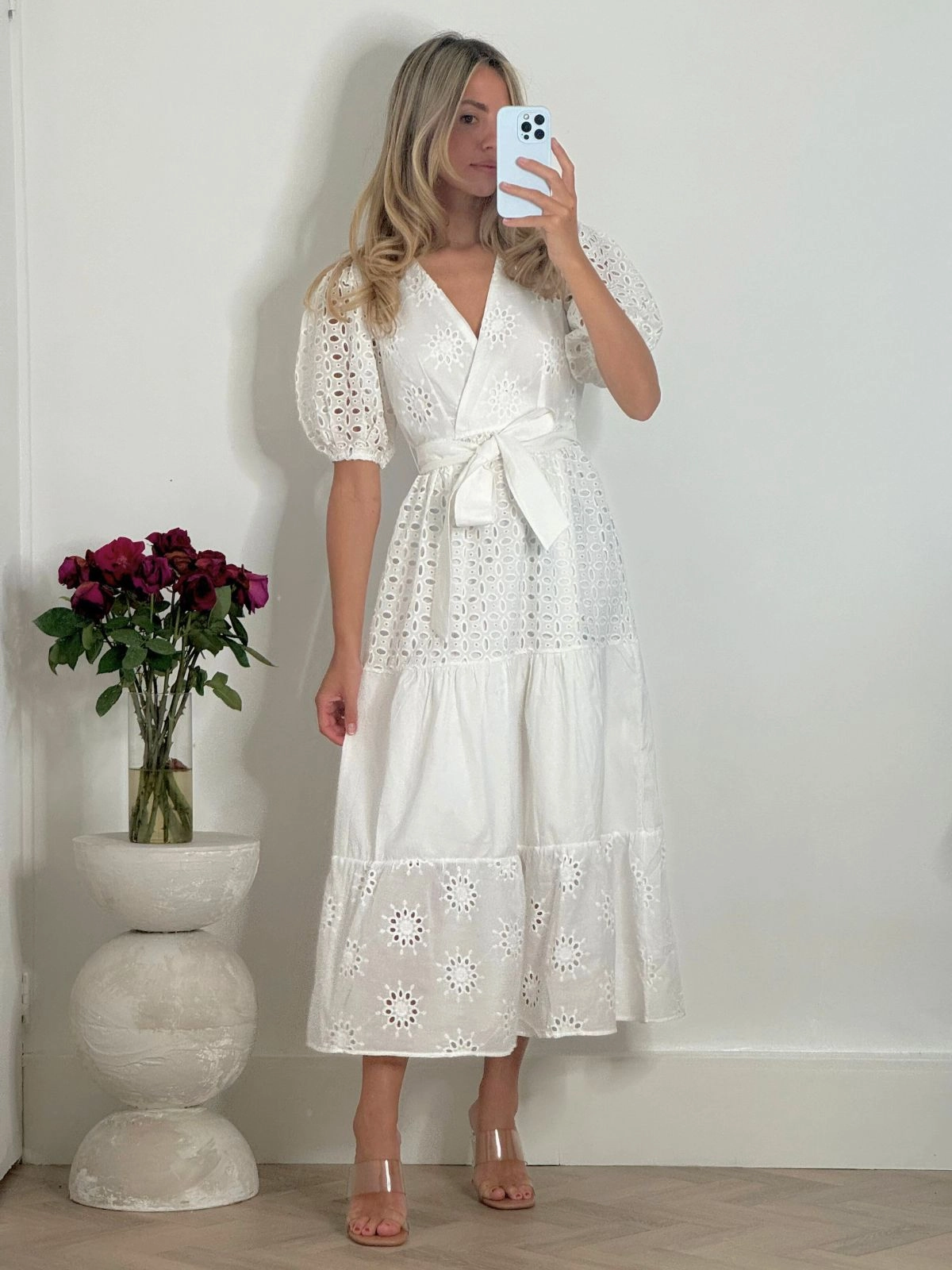 Light Attitude Claudia Puff Sleeve Broderie Midaxi Dress in White