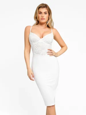 ZipClosure DropShoulder Shapewear Sculpting Lace Corset Midi Slip Dress