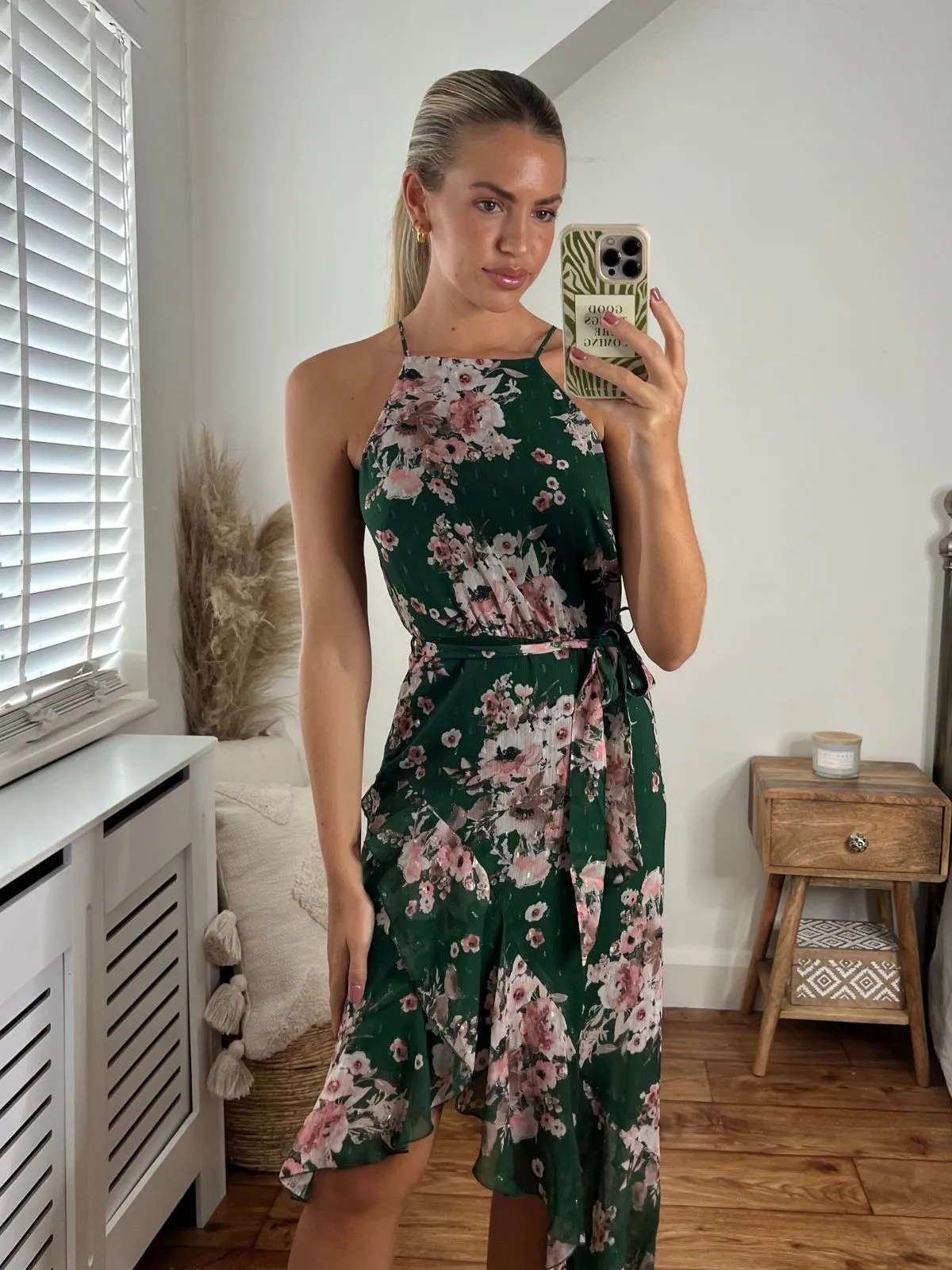 Ariana Halter Frill Dress / Chiffon Green Floral High Waist Gemstone-Detail