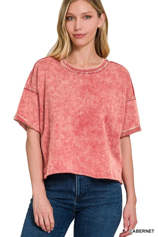 French Terry Acid Wash Raw Edge Crop Top