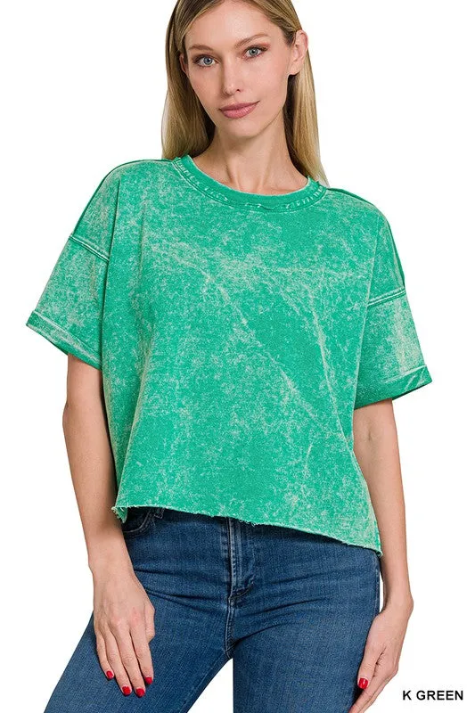 French Terry Acid Wash Raw Edge Crop Top