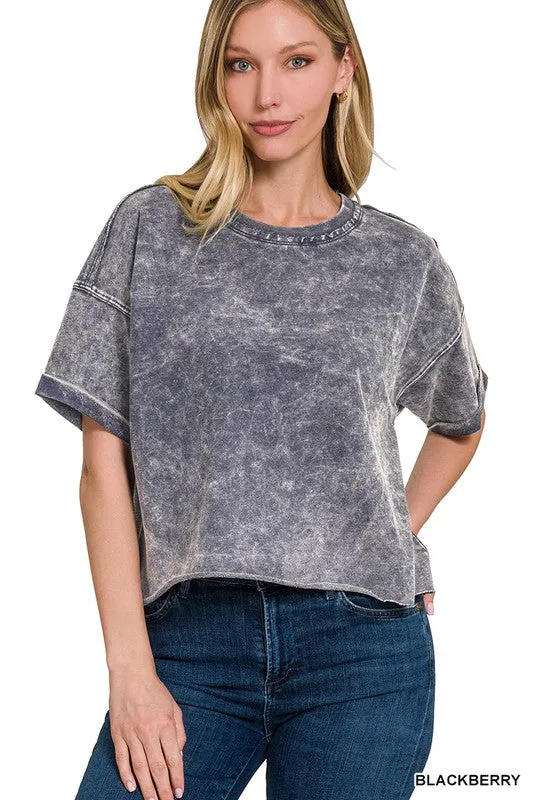 French Terry Acid Wash Raw Edge Crop Top