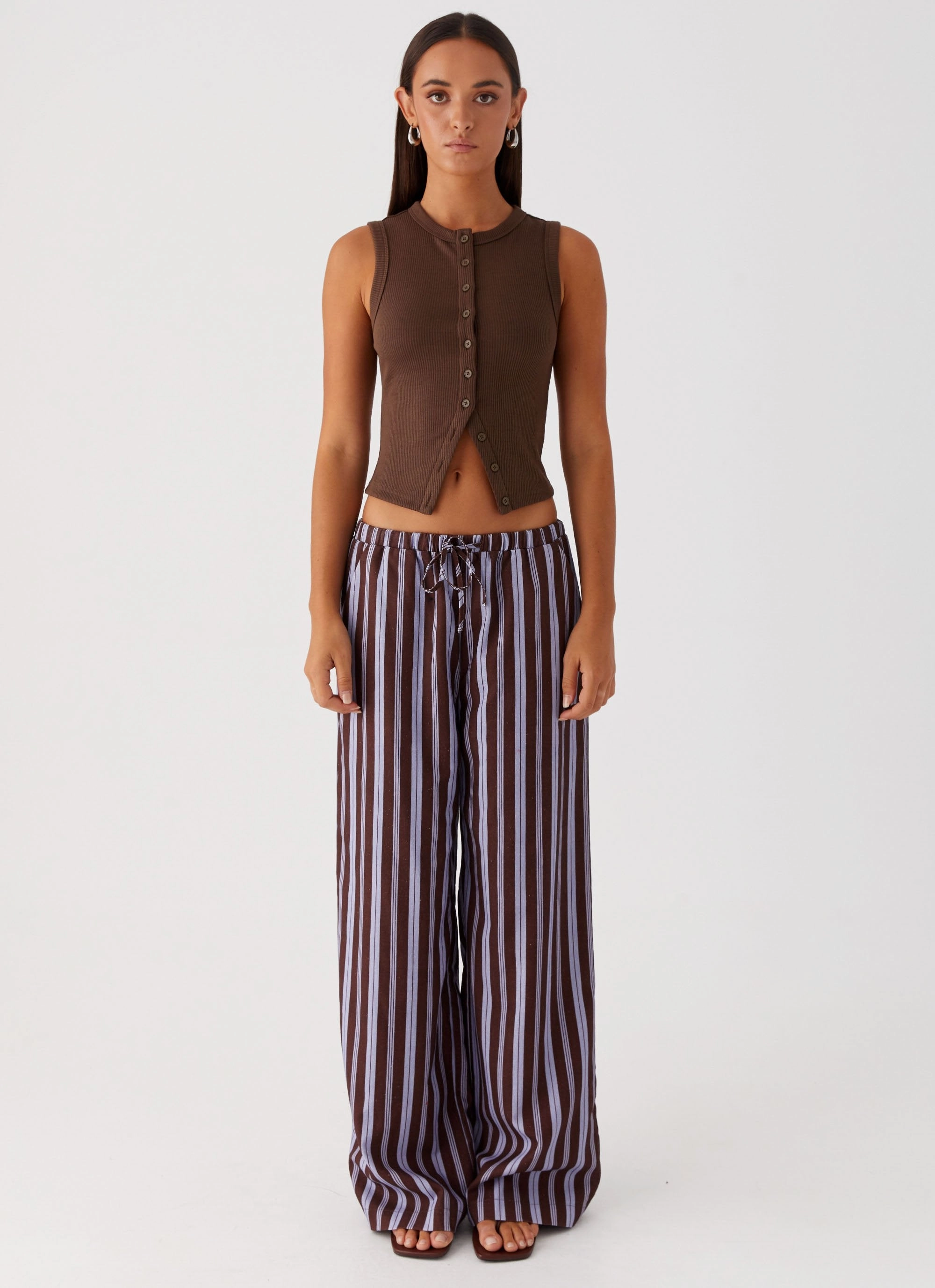 Non Irritating Tags High Rise Design Fresh Face Linen Pants - Purple Brown Stripe