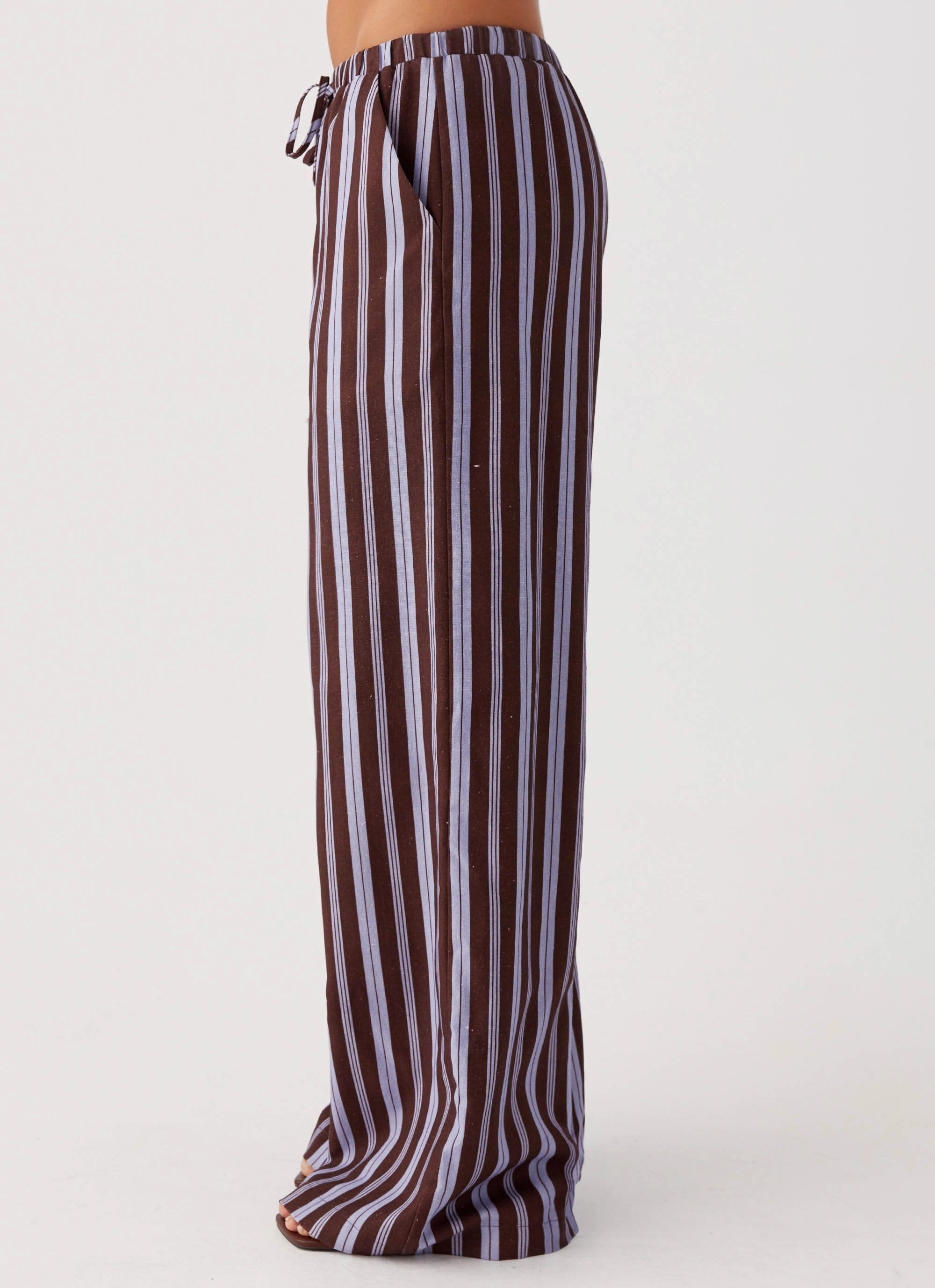 Chilly Day Layers Fresh Face Linen Pants - Purple Brown Stripe