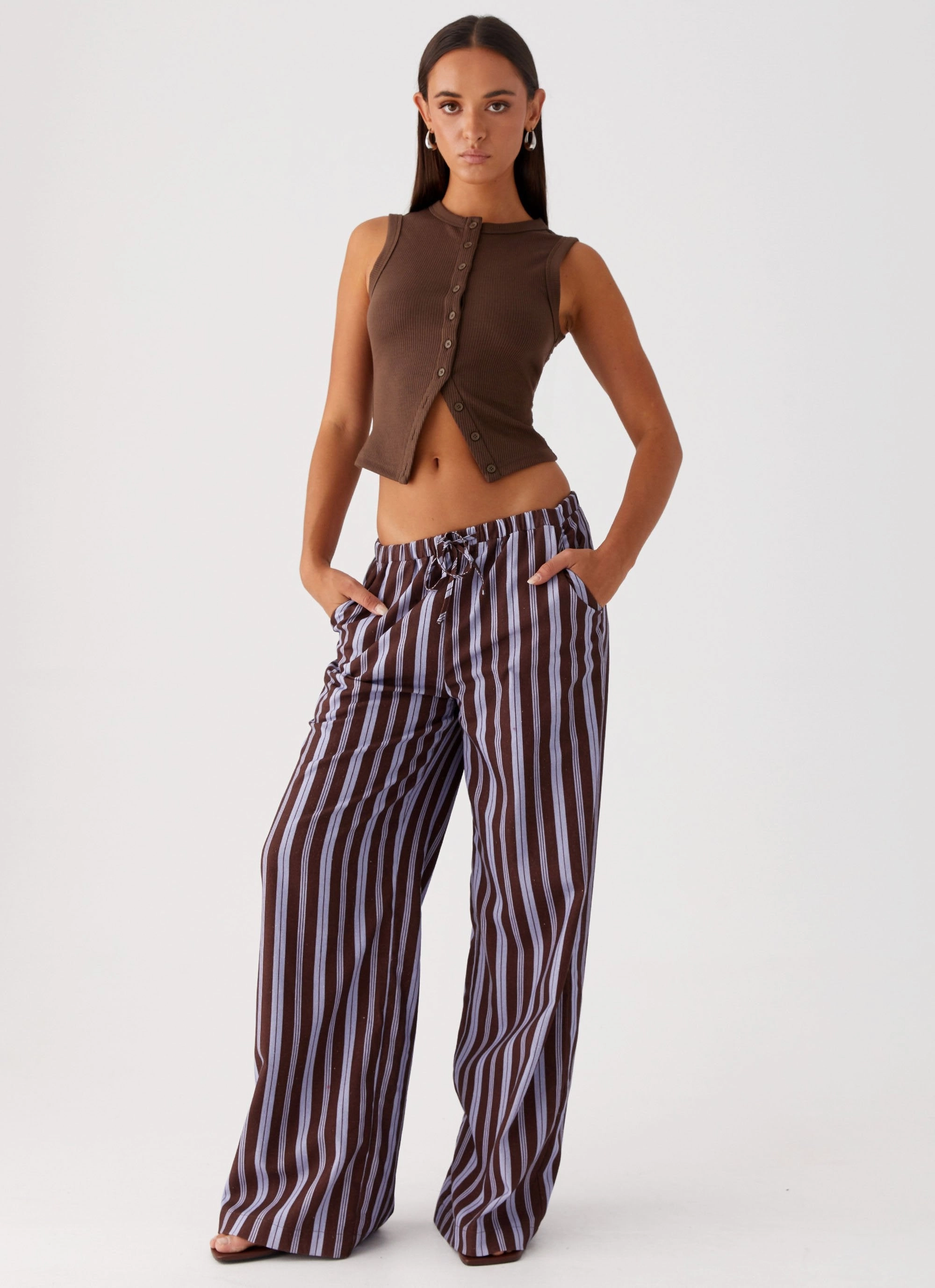 Fresh Face Linen Pants - Purple Brown Stripe Core Flex