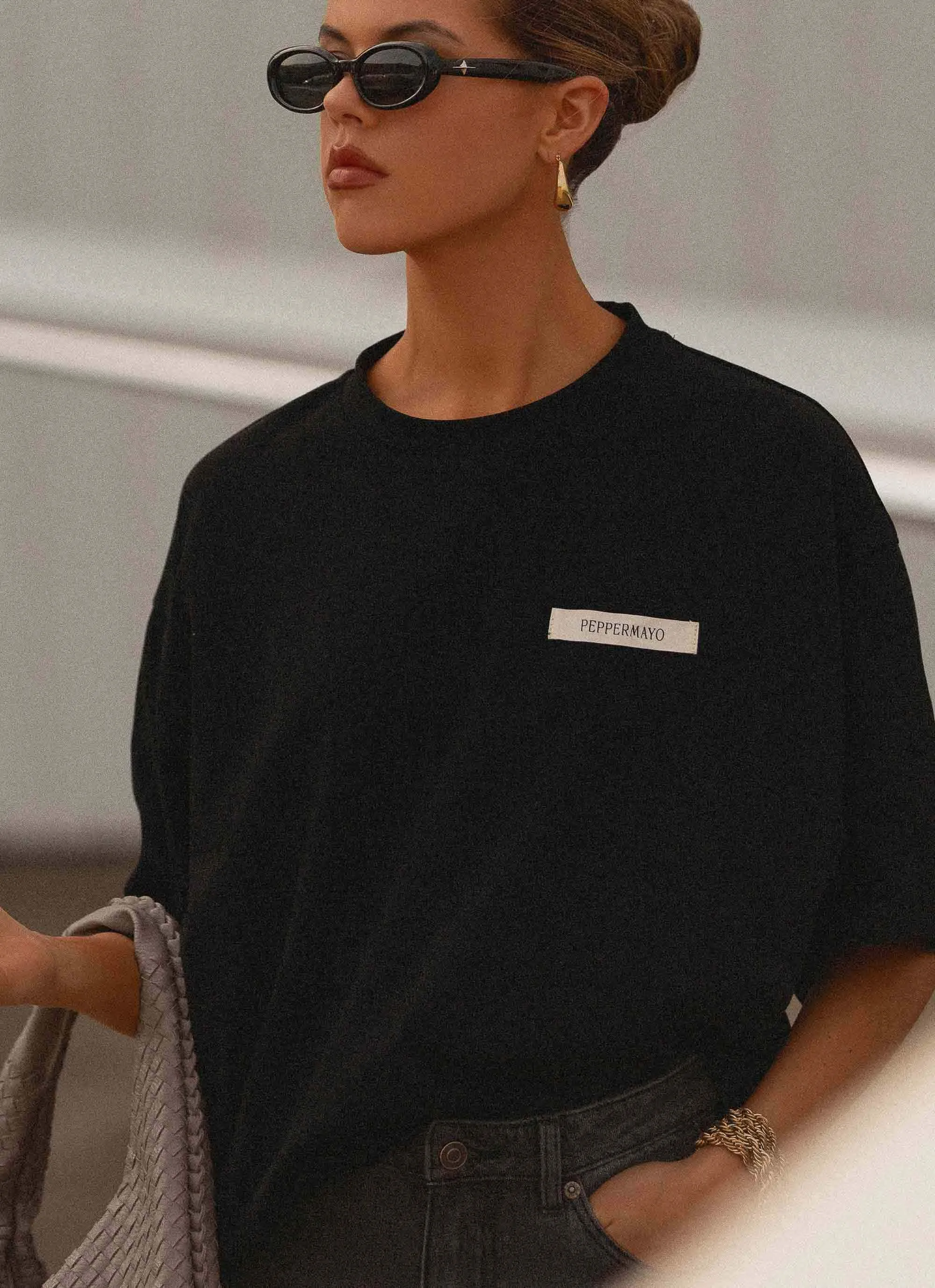 Convertible Neckline Signature Oversized Tee - Black