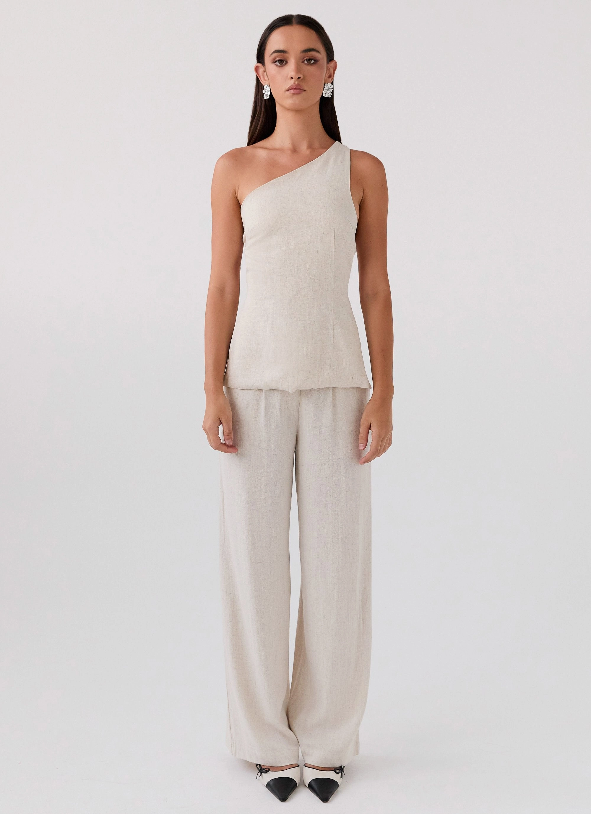 Olsen Linen One Shoulder Top - Oatmeal Anti Pill Surface