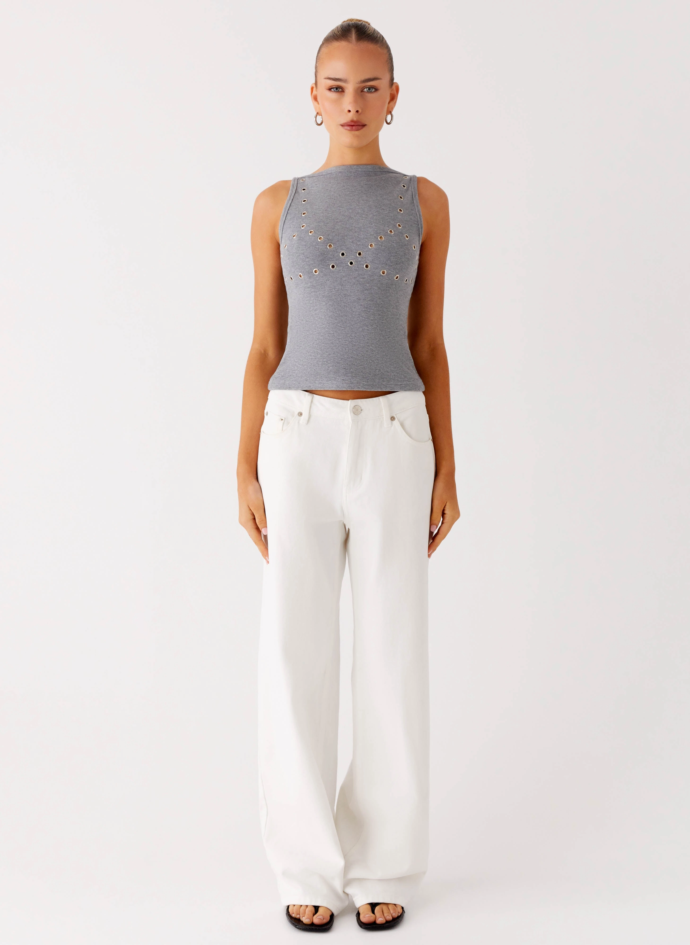 GarmentWashedFinish Drop Top Ribbed Eyelet Tank Top - Marle Grey