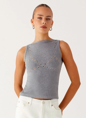 Minimalist Styling Summer Polo Drop Top Ribbed Eyelet Tank Top - Marle Grey