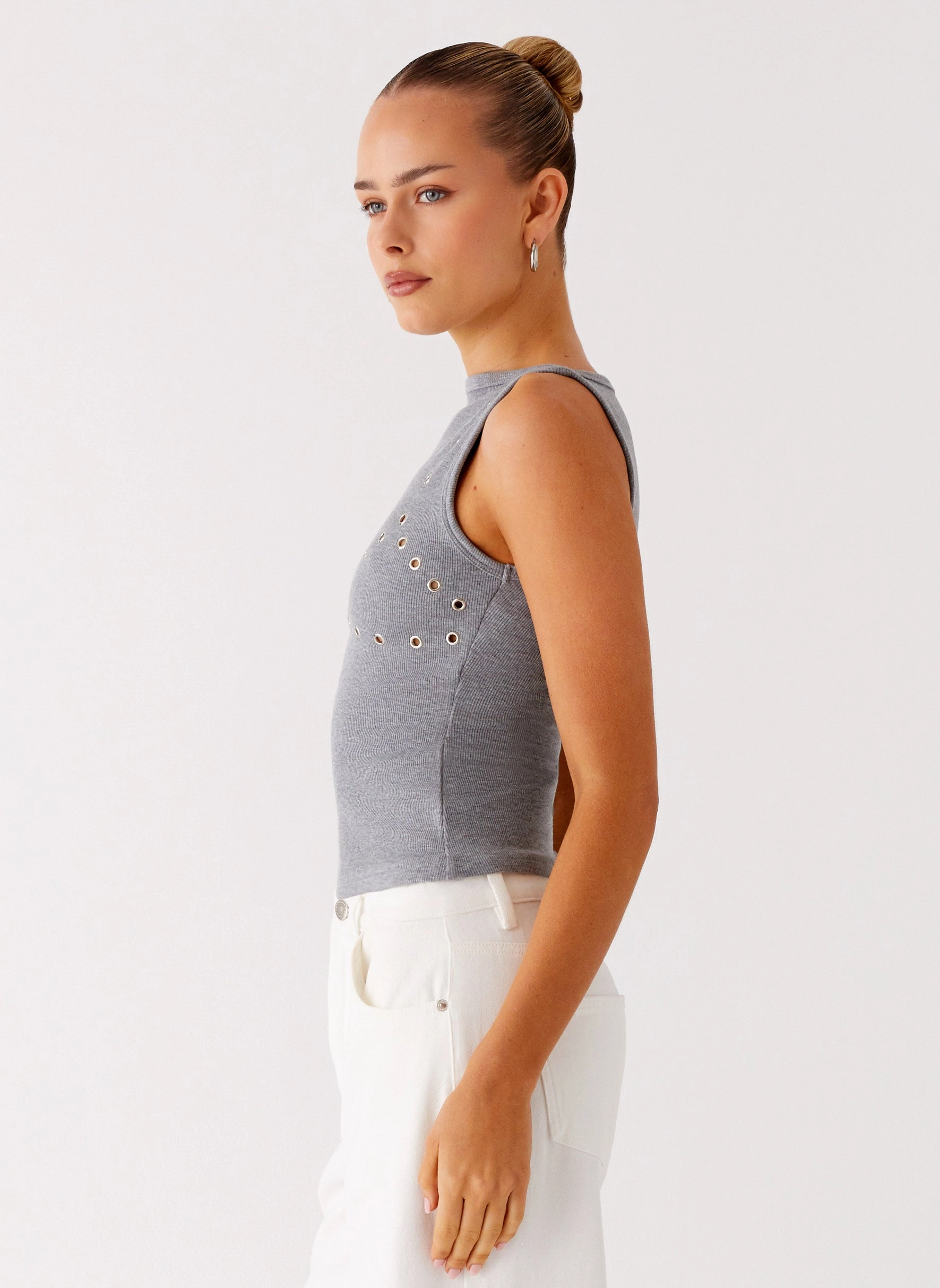 Drop Top Ribbed Eyelet Tank Top - Marle Grey NonIrritatingTags Tagless Comfort Collar