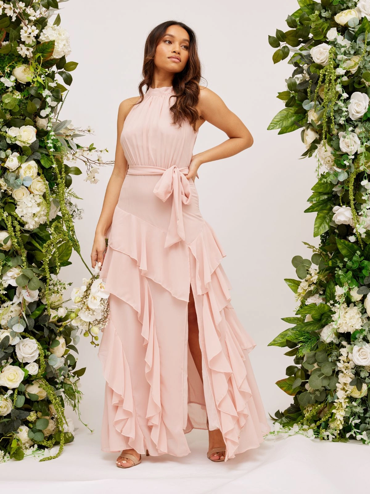 Frill High Neck Maxi Chiffon Dress / Blush Classic-style QuickDryTechnology