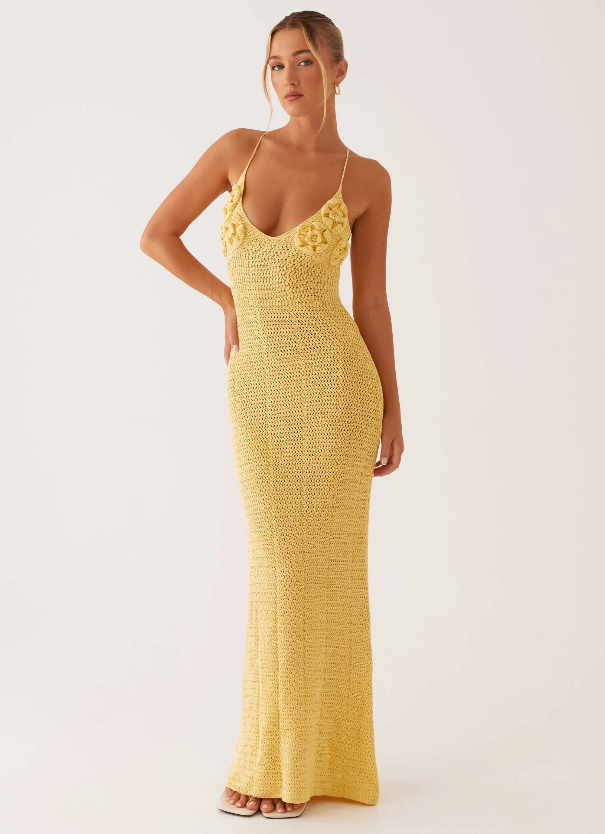 Sporty Comfort Short Sleeve Zara Rose Crochet Maxi Dress - Yellow