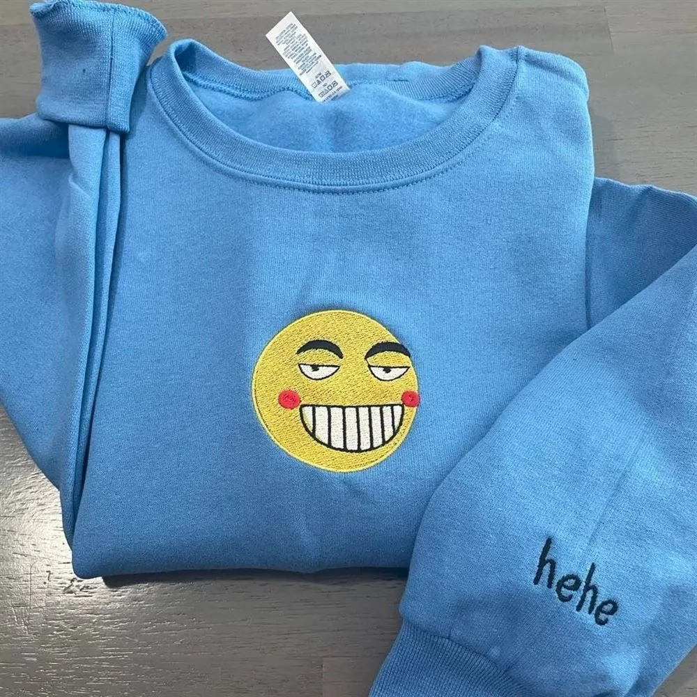Funny Smiley Face Embroidered Sweatshirt, Women's Embroidered Sweatshirts