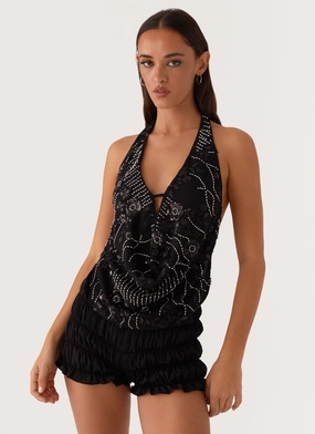 Fitted Design DoubleStitched Construction Gail Beaded Cowl Halterneck Top - Black